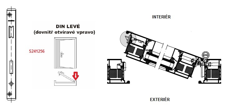 SCHÜCO Dveřní zámek pro AL dveře P/L - S241255/S241256 Strana pantů ( při pohledu na panty ): Levá, Otevíravost dveří: Dovnitř