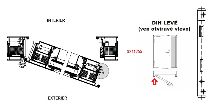 SCHÜCO Dveřní zámek pro AL dveře P/L - S241255/S241256 Strana pantů ( při pohledu na panty ): Levá, Otevíravost dveří: Ven