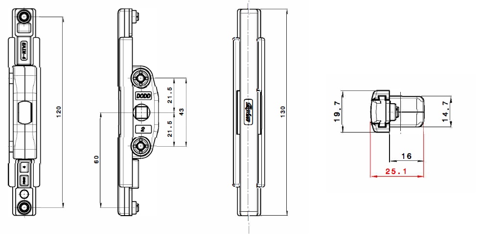 Fapim / Wicona převod pro kliku, rozteč 43 mm