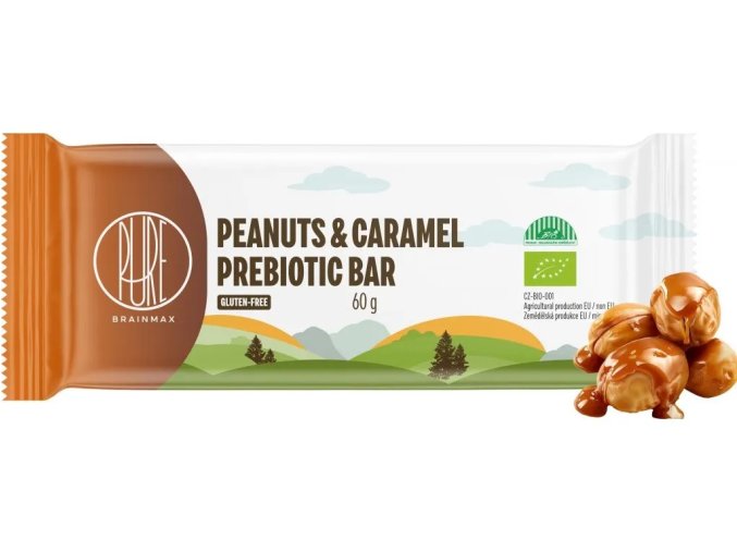 34642 3 brainmax pure peanuts caramel prebiotic bar prebioticka tycinka arasidy a karamel bio 60 g 11zon