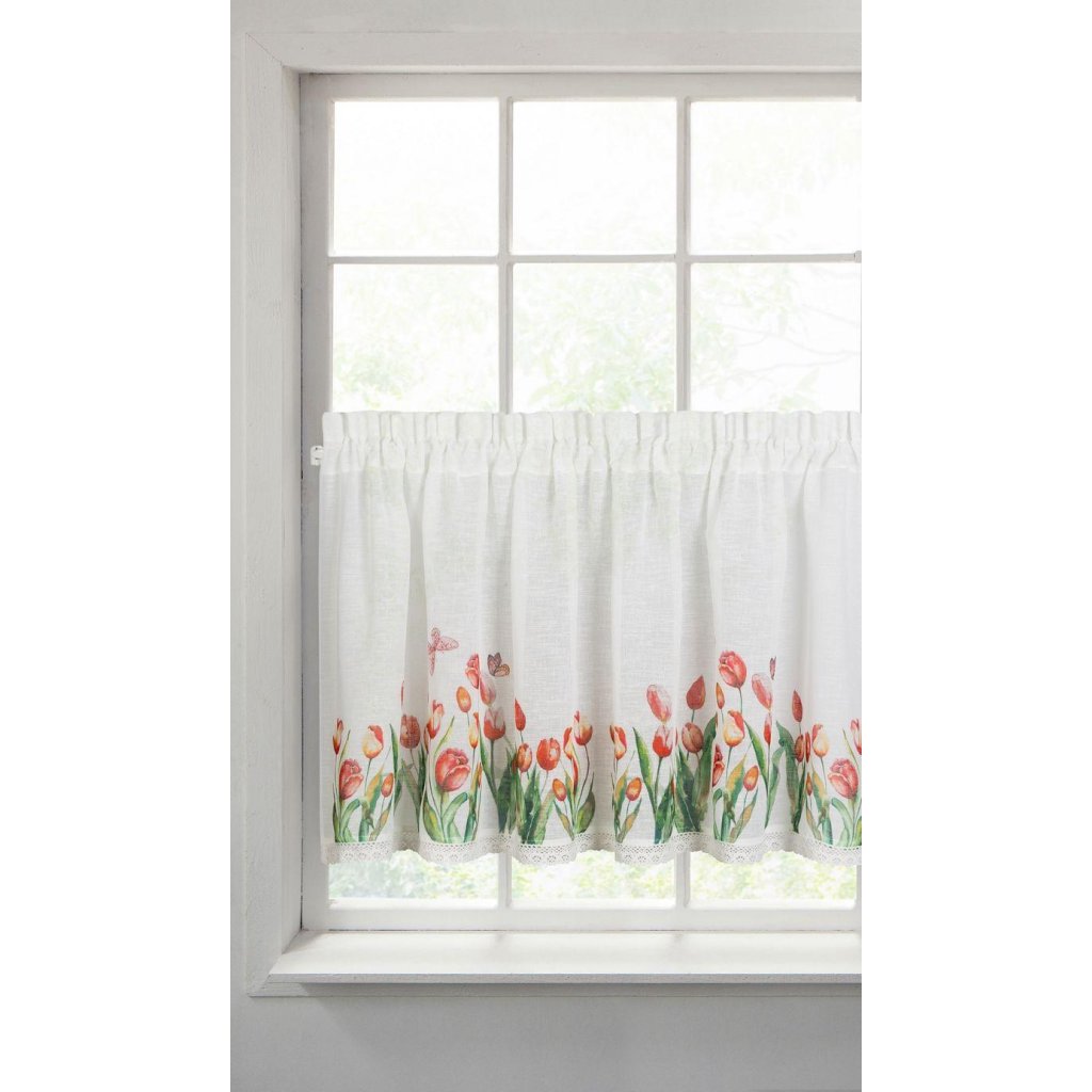 32094 biela zaclona stella s potlacou tulipanov 150x60 cm