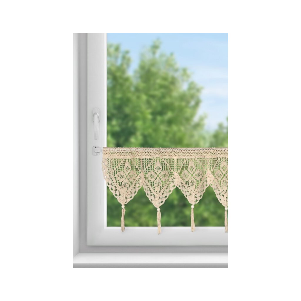 83223 bezova vitrazova zaclona s cipkou strapcami na tuneli martha 150x30 cm