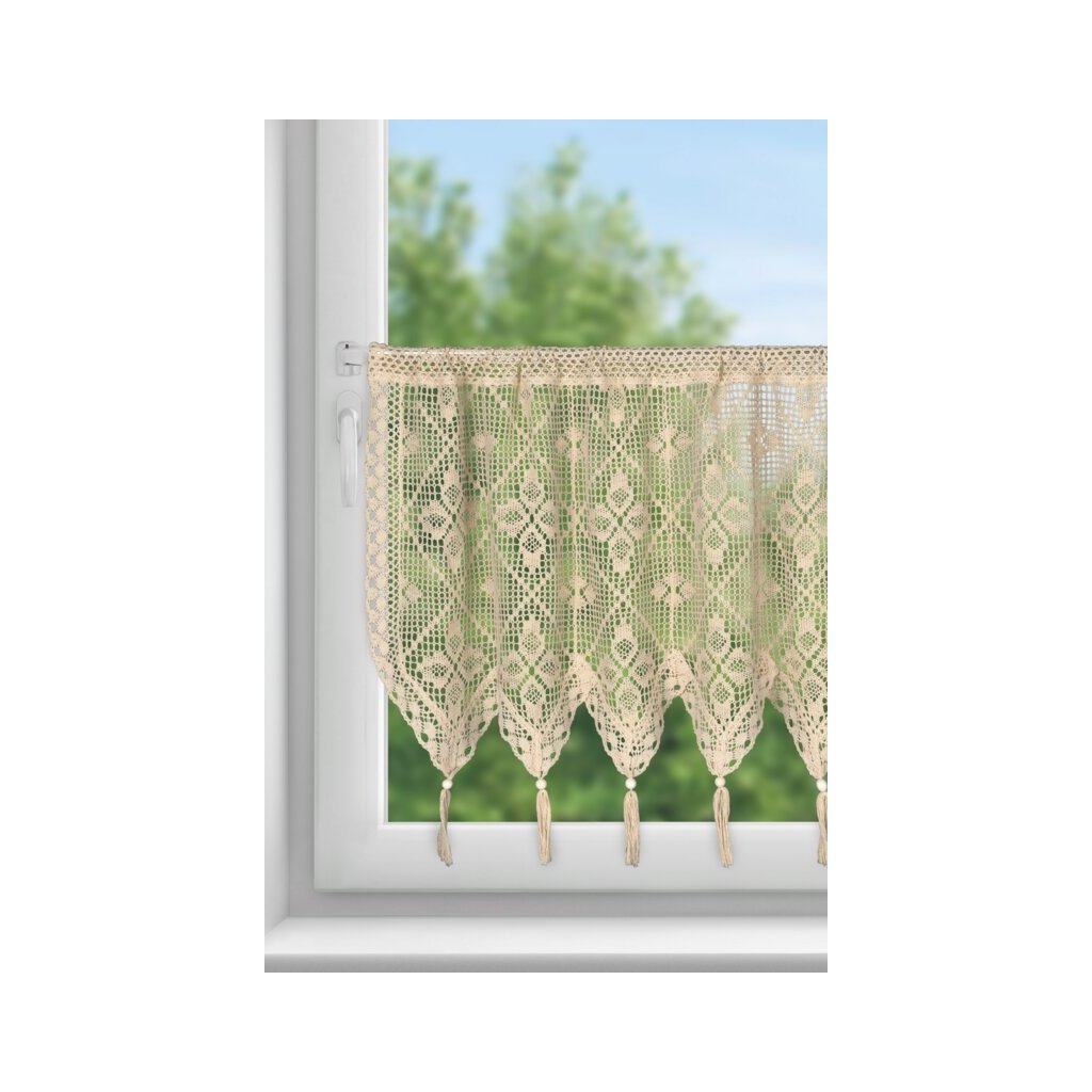 83226 bezova vitrazova zaclona s cipkou strapcami na tuneli martha 150x60 cm