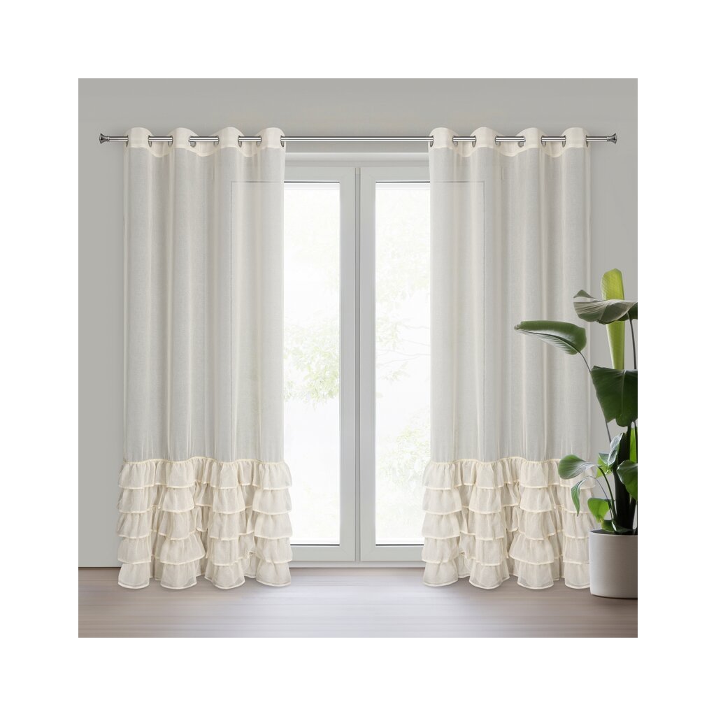 82305 bezova zaclona s volanmi a lesklym pasikom krystalov na kruzkoch carli 140x250 cm