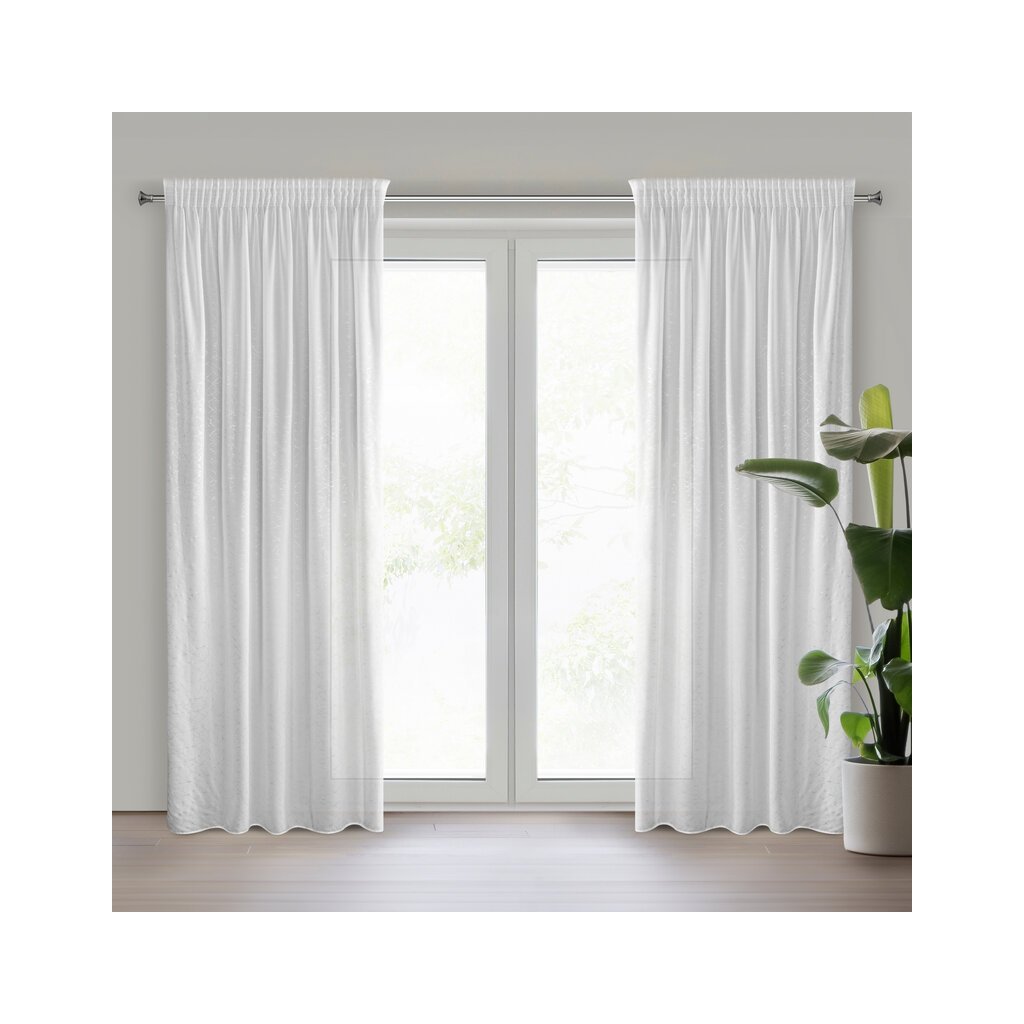82926 biela etaminova zaclona s nepravidelnym striebornym vzorom na paske roxi 140x270 cm