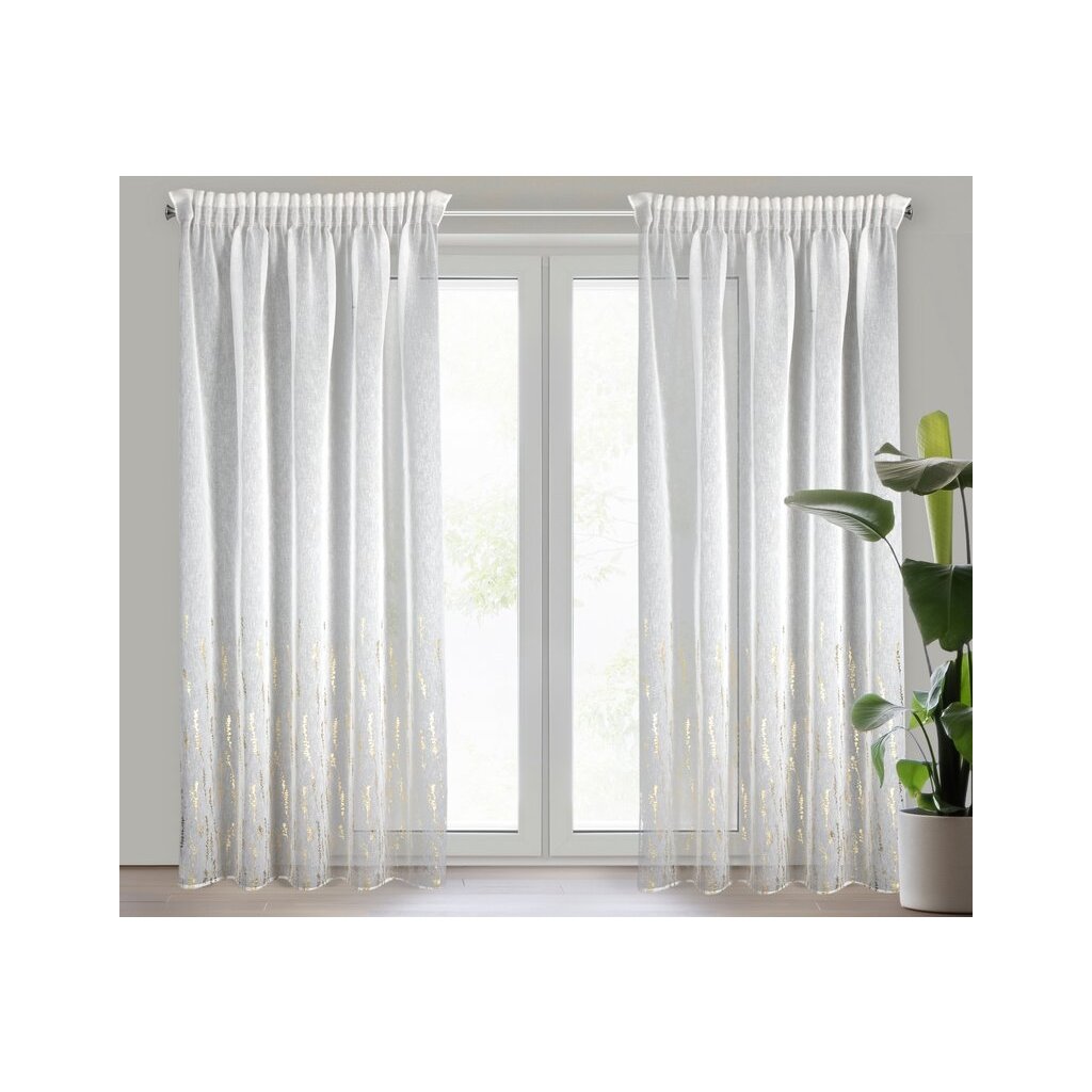 82320 biela matna zaclona so zlatym lesklym vzorom na paske linzi 140x270 cm