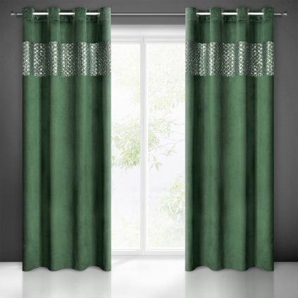 69810 tmavo zeleny zamatovy zaves margot na kruzkoch s ozdobnym lemom 140 x 250 cm