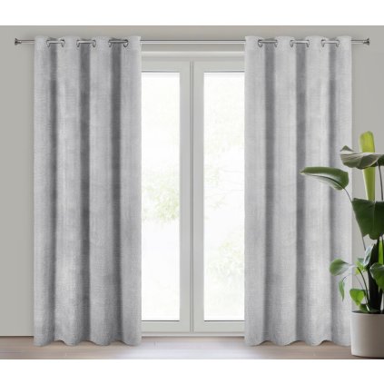 79632 strieborny etaminovy zaves zdobeny moherom agis na kruzkoch 140x250 cm