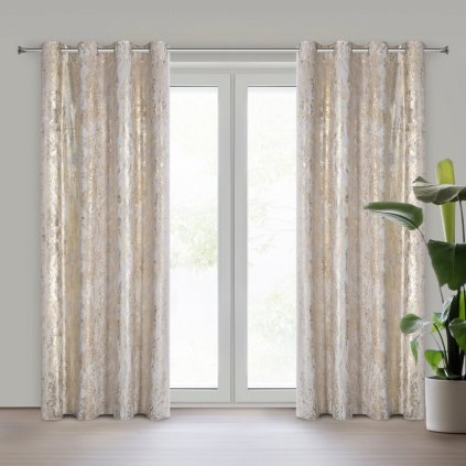 82179 kremovy zamatovy zaves so zlatou lesklou potlacou na kruzkoch sofi 135x250 cm