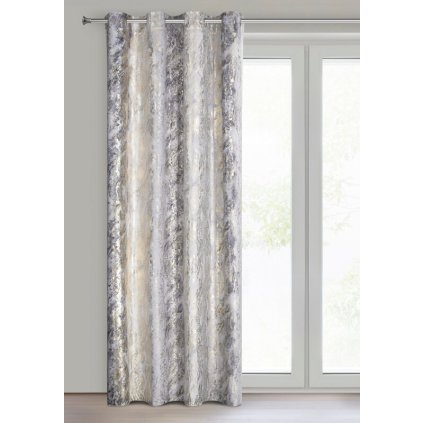 82173 strieborny zamatovy zaves so zlatou lesklou potlacou na kruzkoch sofi 135x250 cm