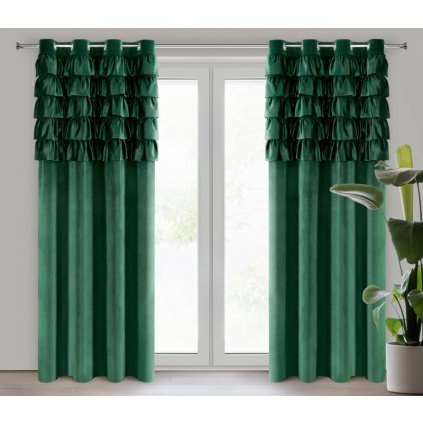 82116 tmavozeleny zamatovy zaves s volanmi na kruzkoch aura 140x250 cm