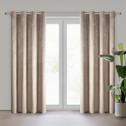83481 svetlohnedy zamatovy zaves so zlatou potlacou na kruzkoch bethy 135x250 cm