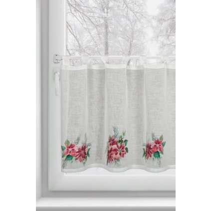 84237 biela vitrazova zaclona s potlacou vianocnej ruze na uskach xmas 150x60 cm