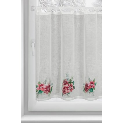 84240 biela vitrazova zaclona s potlacou vianocnej ruze na uskach xmas 150x90 cm