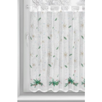 84249 biela vitrazova zaclona s potlacou vianocnych vetviciek na uskach xmas 150x90 cm