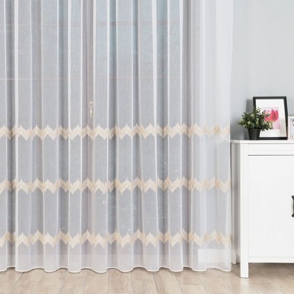 Bílá týlní vyšívaná záclona LOLA se zlatým vzorem (Výška A 100 - 137, Šířka 100)