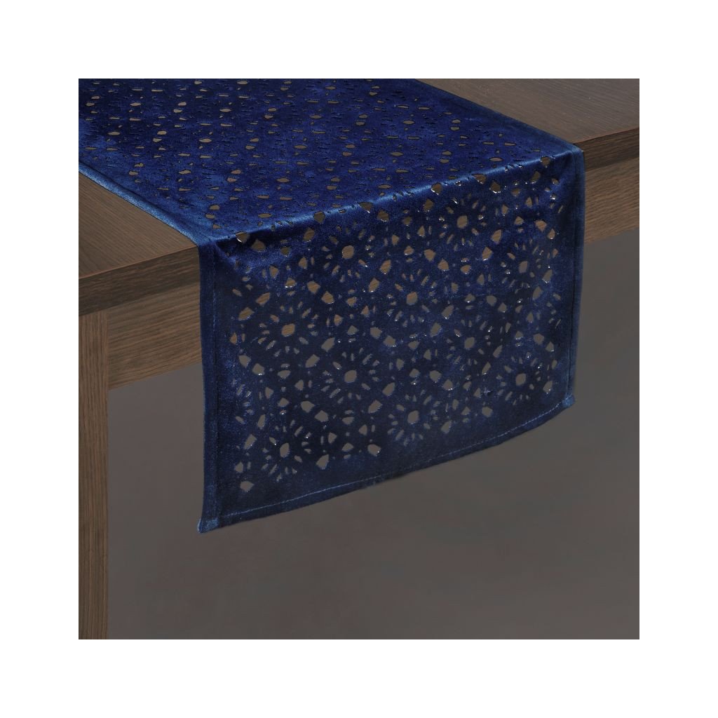 Modrá zamatová štóla na stôl PILAR 33x140 cm