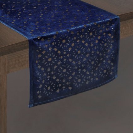 Modrá zamatová štóla na stôl PILAR 33x140 cm