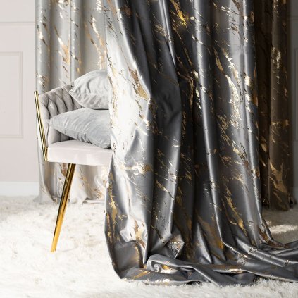 Jasno sivý zamatový záves MARMA so zlatou potlačou