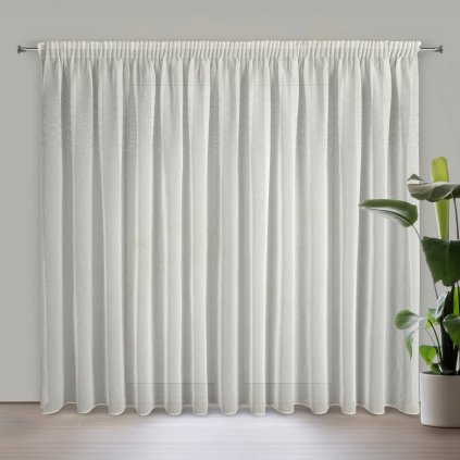 Biela jemná etamínová záclona s pásom lesklých kryštálikov na páske KLEO 345x260 cm