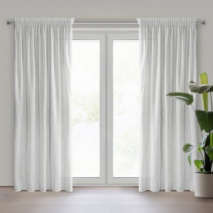 Biela etamínová záclona s nepravidelným zlatým vzorom na páske ROXI 140x270 cm