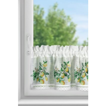 Biela vitrážová záclona zdobená potlačou citrónov na tuneli CLOE 150x30 cm