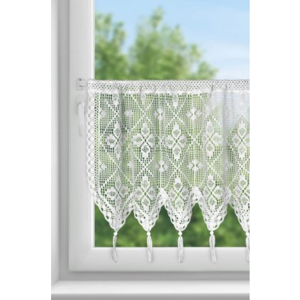 Biela vitrážová záclona s čipkou strapcami na tuneli MARTHA 150x60 cm