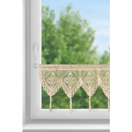 Béžová vitrážová záclona s čipkou strapcami na tuneli MARTHA 150x30 cm