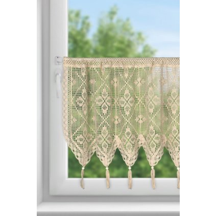 Béžová vitrážová záclona s čipkou strapcami na tuneli MARTHA 150x60 cm