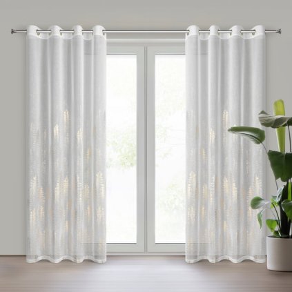 Biela vianočná záclona so zlatými stromčekmi na krúžkoch ELSA 140x250 cm