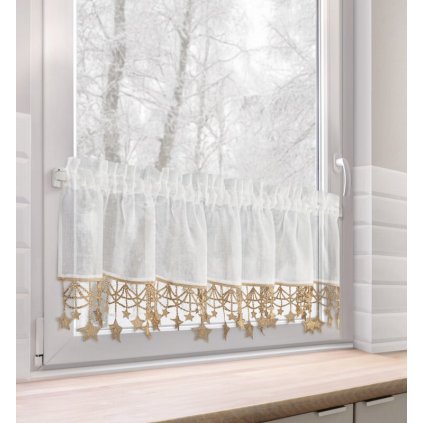 Biela vianočná vitrážová záclona so zlatými hviezdičkami na tuneli XMAS 150x30 cm