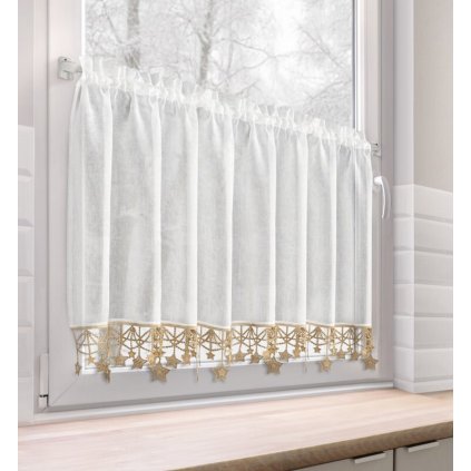 Biela vianočná vitrážová záclona so zlatými hviezdičkami na tuneli XMAS 150x60 cm