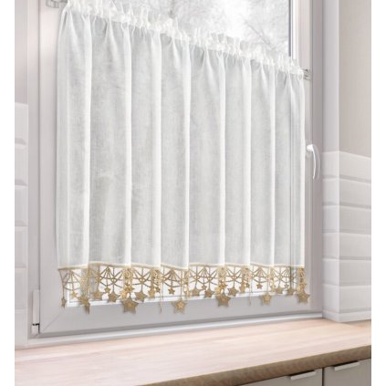 Biela vianočná vitrážová záclona so zlatými hviezdičkami na tuneli XMAS 150x90 cm