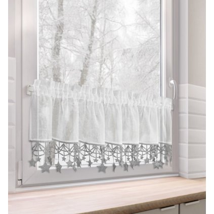 Biela vianočná vitrážová záclona so striebornými hviezdičkami na tuneli XMAS 150x30 cm