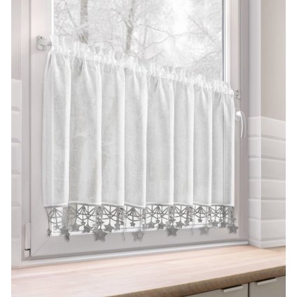 Biela vianočná vitrážová záclona so striebornými hviezdičkami na tuneli XMAS 150x60 cm