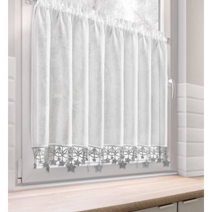 Biela vianočná vitrážová záclona so striebornými hviezdičkami na tuneli XMAS 150x90 cm