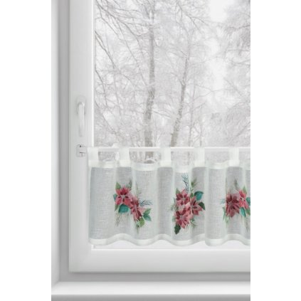 Biela vitrážová záclona s potlačou vianočnej ruže na uškách XMAS 150x30 cm