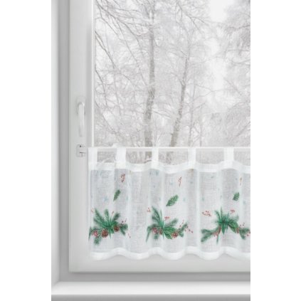 Biela vitrážová záclona s potlačou vianočných vetvičiek na uškách XMAS 150x30 cm