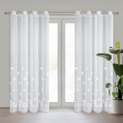 Biela sieťovinová záclona s aplikáciou ružičiek na krúžkoch DIANA 140x250 cm