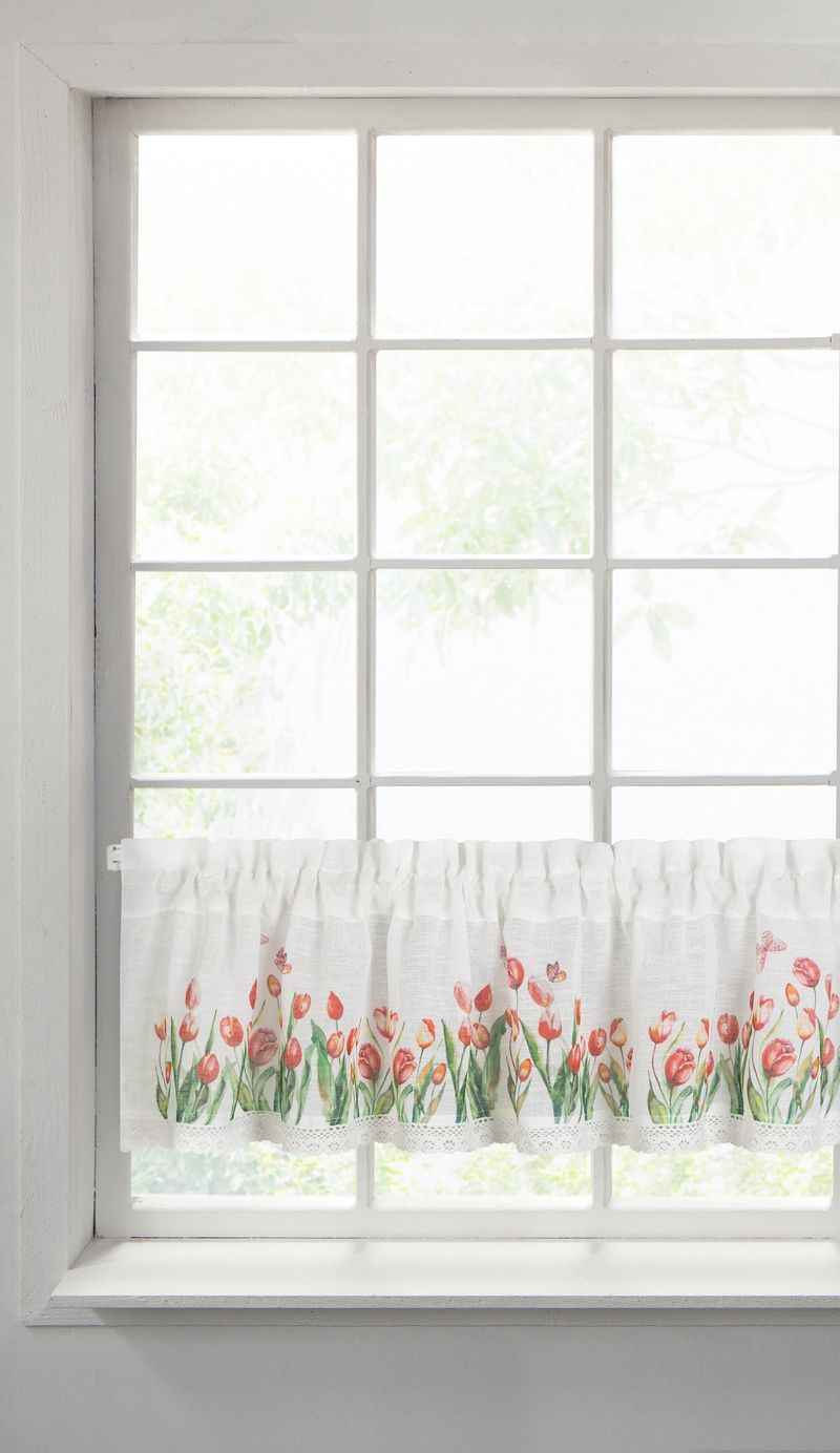 Biela záclona na páske STELLA s potlačou tulipánov 150x30 cm