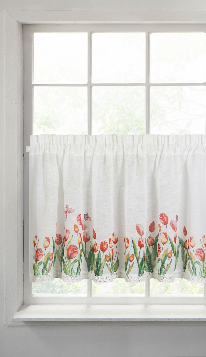 Biela záclona na páske STELLA s potlačou tulipánov 150x60 cm