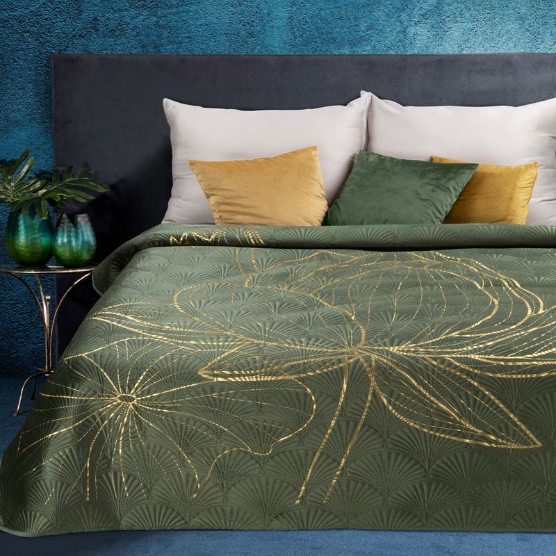 Olivový prehoz na posteľ LOTOS4 s potlačou 170x210 cm