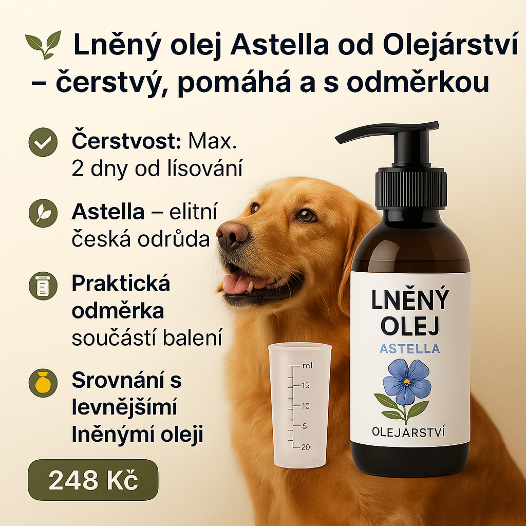 Ľanový olej Astella od Olejářství pre zvieratá – čerstvý, s odmerkou