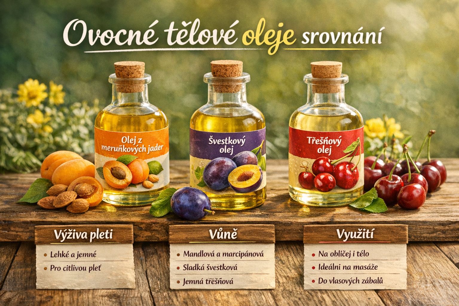 Meruňkový, švestkový, třešňový nebo broskvový? Velké srovnání ovocných tělových olejů pro různé typy pleti