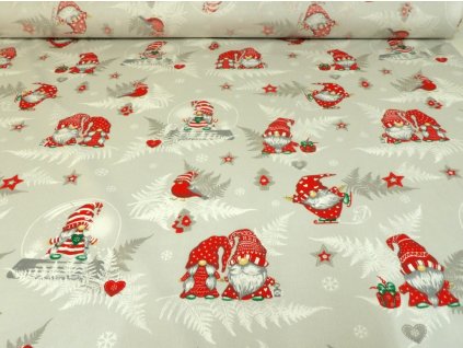 DOMESTINO 120/ 22296-1 Vánoční skřítek červený na šedé - 160cm / METRÁŽ NA MÍRU