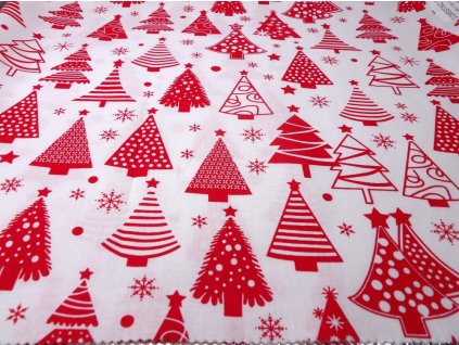 DOMESTINO 120/ 22042-1 Vánoční stromky červené na bílé - 160cm /ZBYTKOVÁ  METRÁŽ
