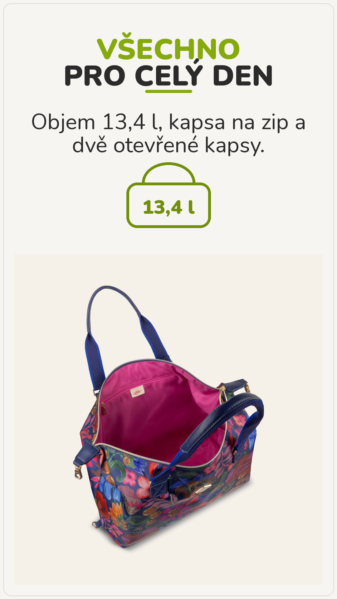 Prostorná taška Oilily Chinna Belle Botanique s objemem 13,4 litru a vnitřními kapsami