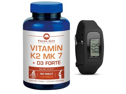 Pharma Activ Vitamín K2 MK7 + D3 Forte 100 tbl. + 25 tbl. ZDARMA + Fitness náramek s krokoměrem