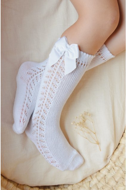 Podkolienky s mašľou s háčkovaným vzorom - Biela