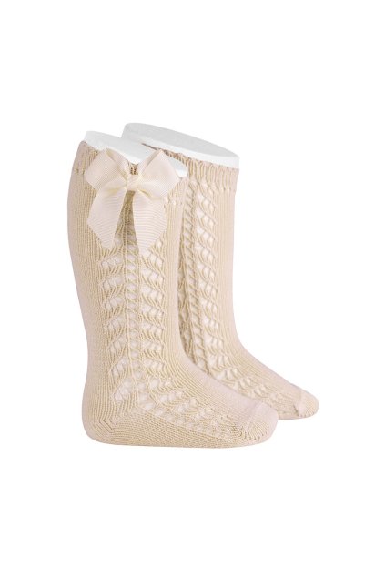 Podkolienky s mašľou s háčkovaným vzorom - Light Beige